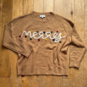 Gilli Tan Sweater with Colorful Embroidery “merry” Small